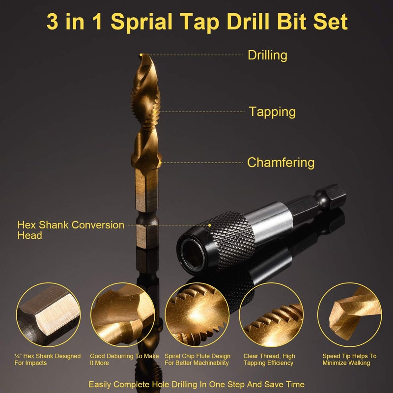 THINKWORK Combination Drill Tap & Tap Bit Set, 3-in-1 Titanium Coated Screw Tapping Bit Tool for Drilling, Tapping, Countersinking, with Quick-Change Adapter, 13 PCS SAE/Metric - Image 2